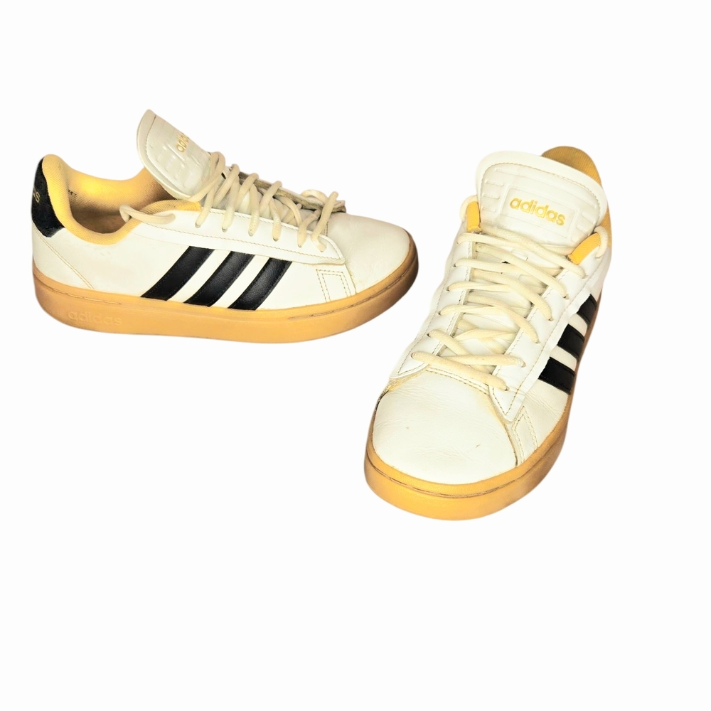 adidas Men’s White Sneakers with Black Stripes and Yellow Gum Sole